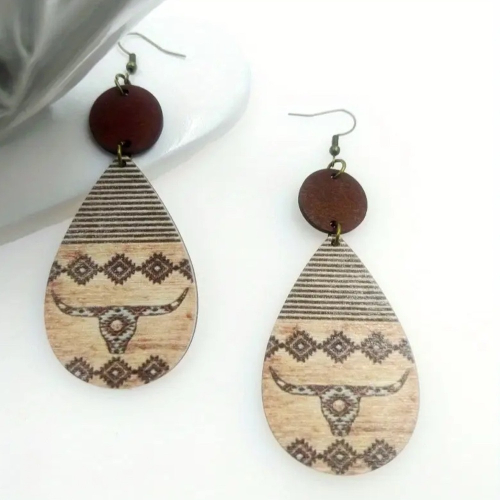 Brown and Tan Geometric Teardrop Earrings
